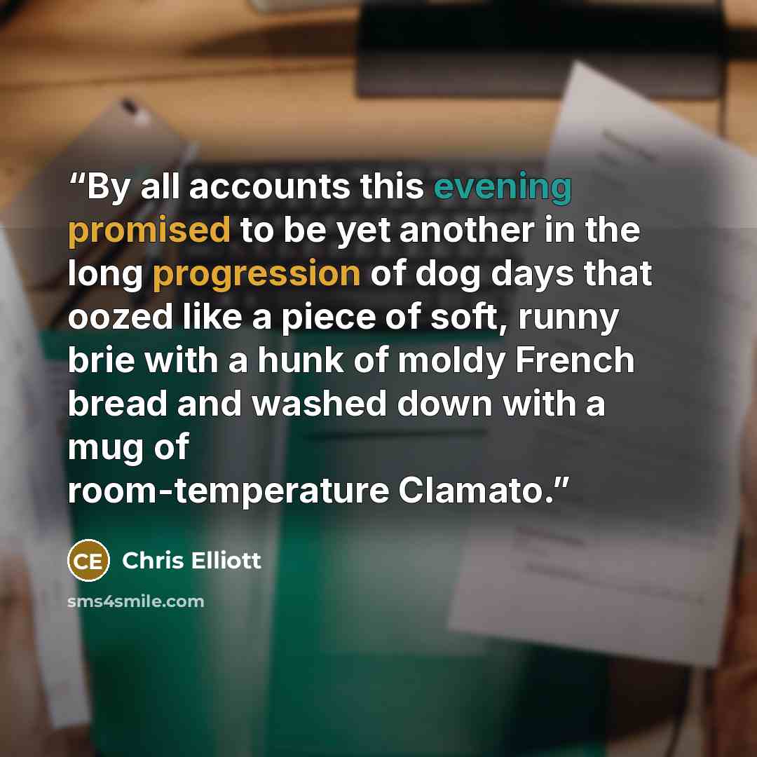 “By all accounts this evening promised to be yet another in the long progression of dog days that oozed like a piece of soft, runny brie with a hunk of moldy French bread and washed down with a mug of room-temperature Clamato.” quote by Chris Elliott