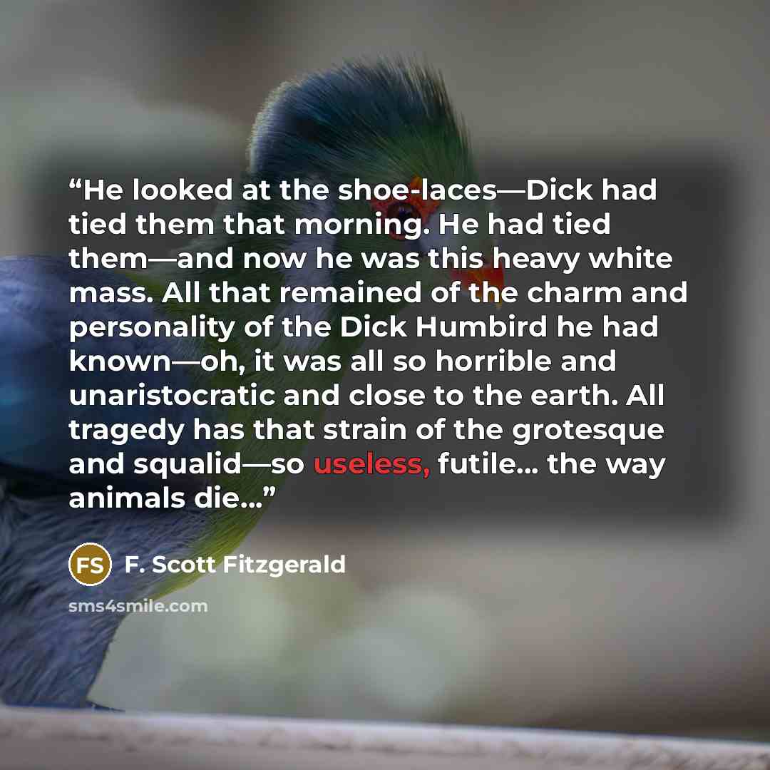 “He looked at the shoe-laces—Dick had tied them that morning. He had tied them—and now he was this heavy white mass. All that remained of the charm and personality of the Dick Humbird he had known—oh, it was all so horrible and unaristocratic and close to the earth. All tragedy has that strain of…” quote by F. Scott Fitzgerald