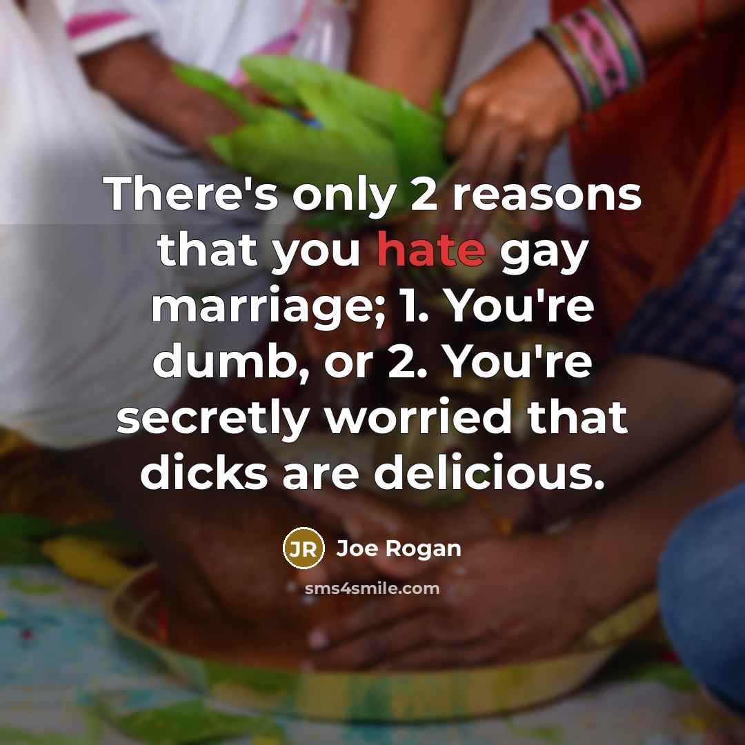 “There's only 2 reasons that you hate gay marriage; 1. You're dumb, or 2. You're secretly worried that dicks are delicious.” quote by Joe Rogan