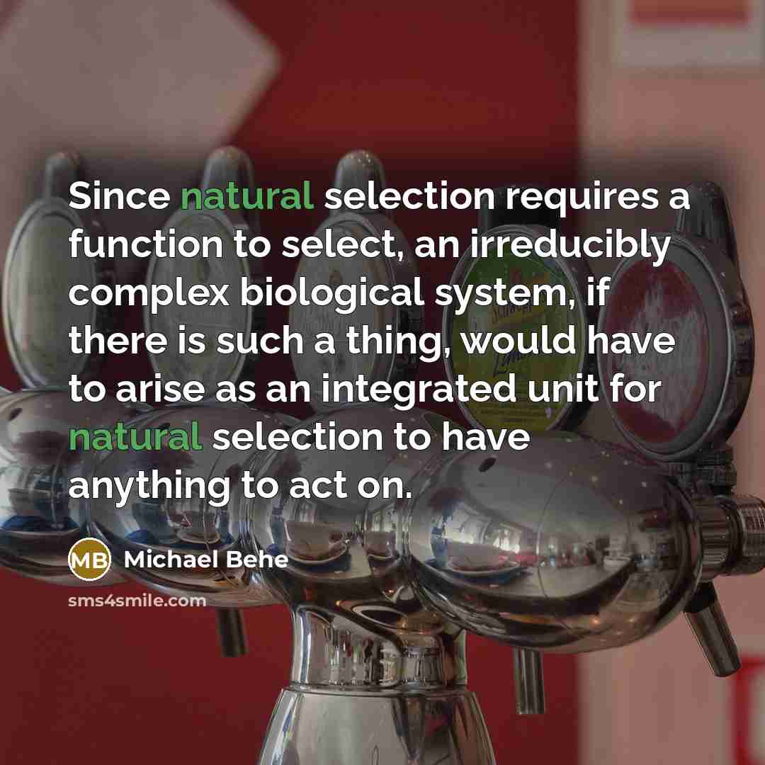 “Since natural selection requires a function to select, an irreducibly complex biological system, if there is such a thing, would have to arise as an integrated unit for natural selection to have anything to act on.” quote by Michael Behe