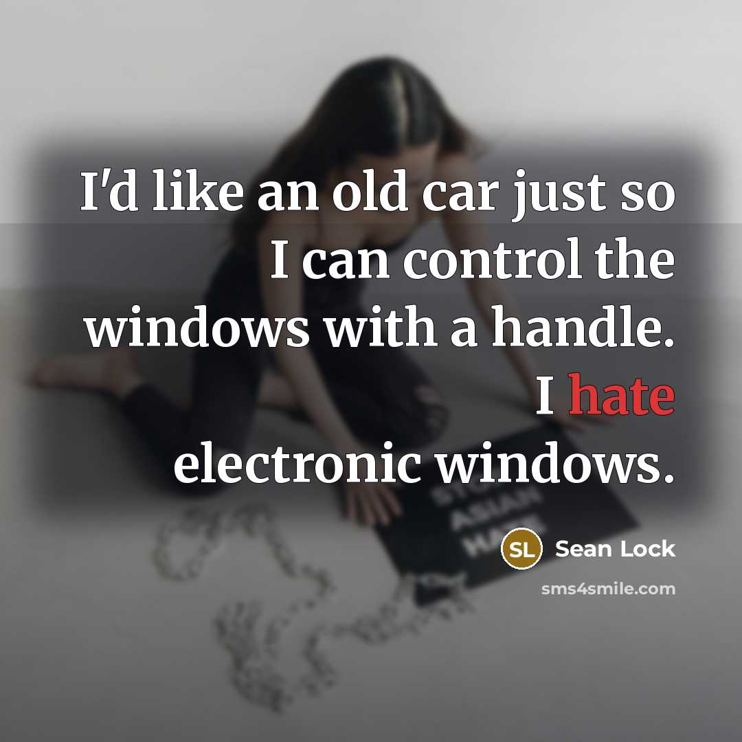 “I'd like an old car just so I can control the windows with a handle. I hate electronic windows.” quote by Sean Lock