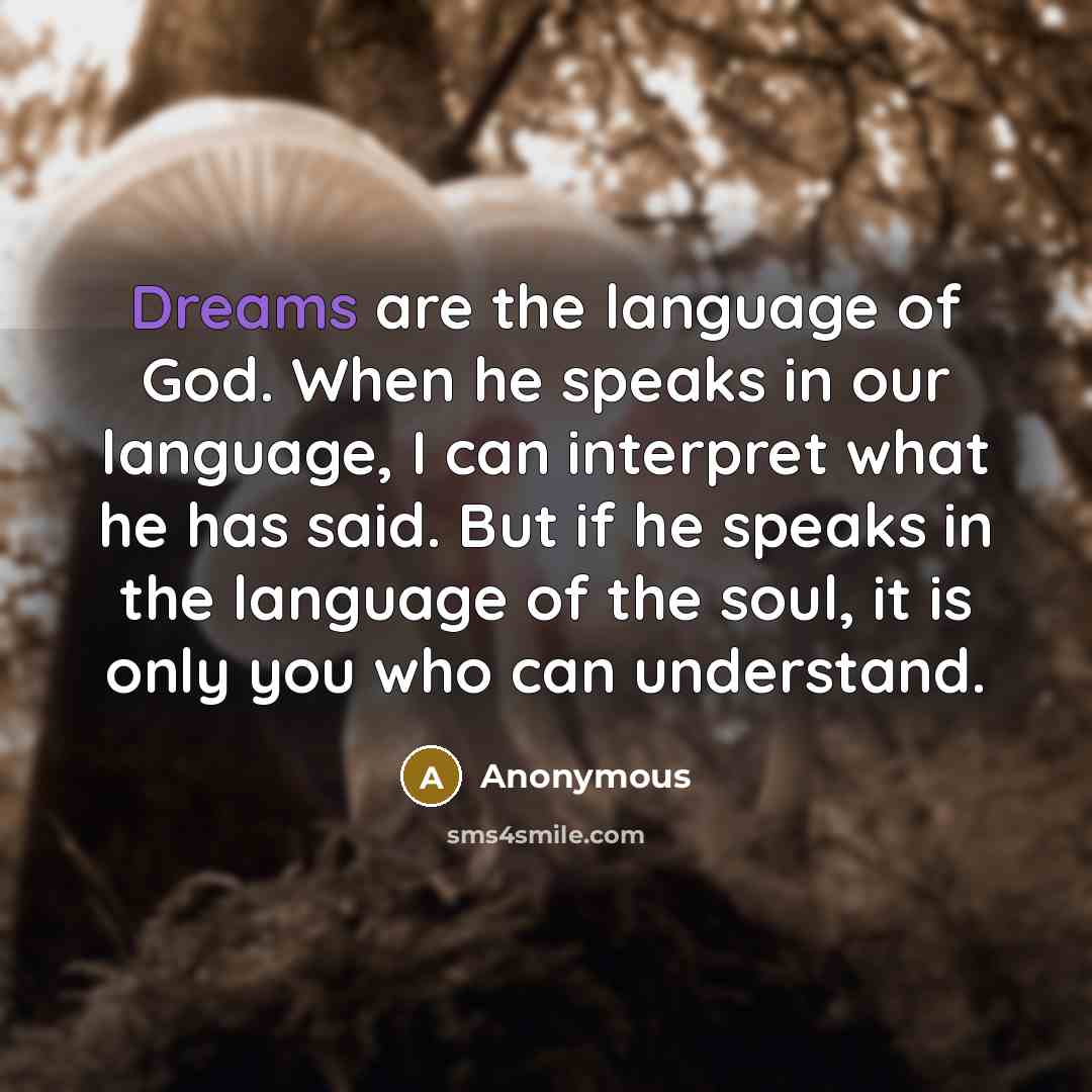 “Dreams are the language of God. When he speaks in our language, I can interpret what he has said. But if he speaks in the language of the soul, it is only you who can understand.” quote by Anonymous