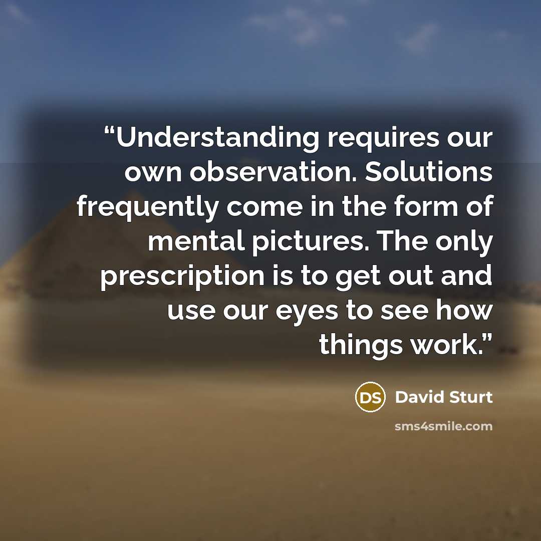 “Understanding requires our own observation. Solutions frequently come in the form of mental pictures. The only prescription is to get out and use our eyes to see how things work.” quote by David Sturt