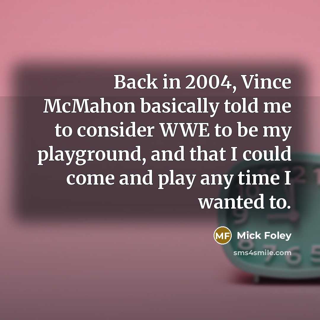 “Back in 2004, Vince McMahon basically told me to consider WWE to be my playground, and that I could come and play any time I wanted to.” quote by Mick Foley
