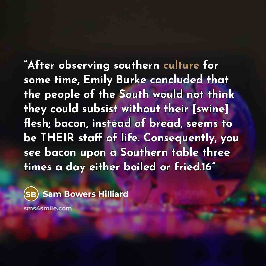 “After observing southern culture for some time, Emily Burke concluded that the people of the South would not think they could subsist without their [swine] flesh; bacon, instead of bread, seems to be THEIR staff of life. Consequently, you see bacon upon a Southern table three times a day either…” quote by Sam Bowers Hilliard