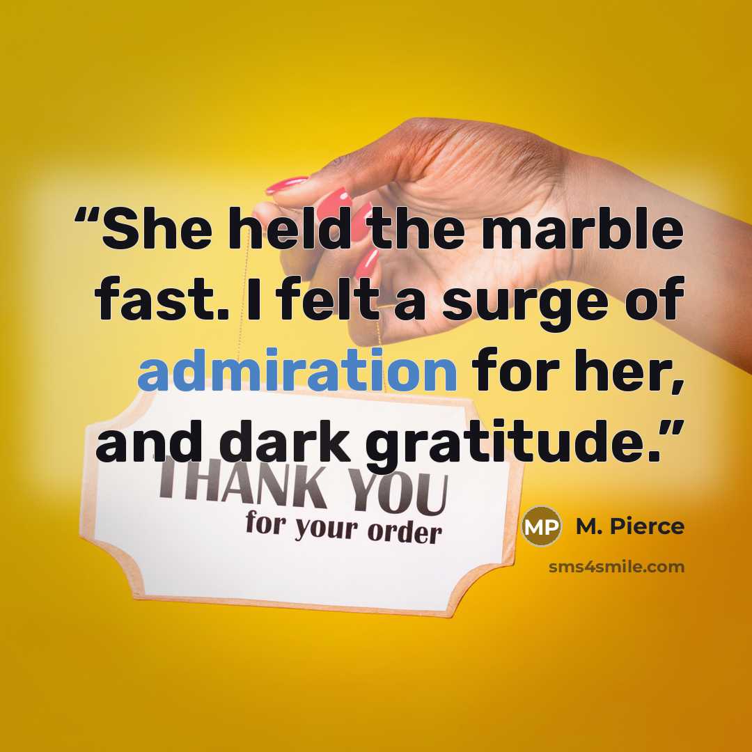 “She held the marble fast. I felt a surge of admiration for her, and dark gratitude.” quote by M. Pierce