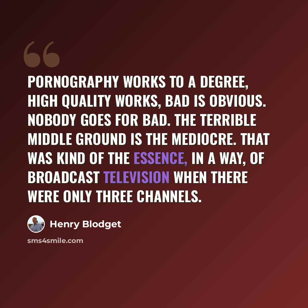 “Pornography works to a degree, high quality works, bad is obvious. Nobody goes for bad. The terrible middle ground is the mediocre. That was kind of the essence, in a way, of broadcast television when there were only three channels.” quote by Henry Blodget