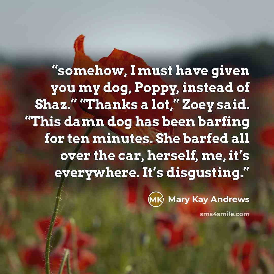 “somehow, I must have given you my dog, Poppy, instead of Shaz.” “Thanks a lot,” Zoey said. “This damn dog has been barfing for ten minutes. She barfed all over the car, herself, me, it’s everywhere. It’s disgusting.” quote by Mary Kay Andrews