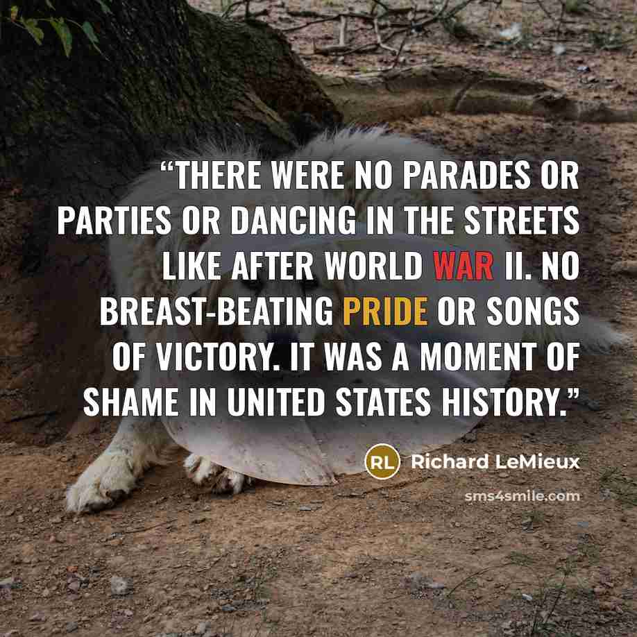 “There were no parades or parties or dancing in the streets like after World War II. No breast-beating pride or songs of victory. It was a moment of shame in United States history.” quote by Richard LeMieux