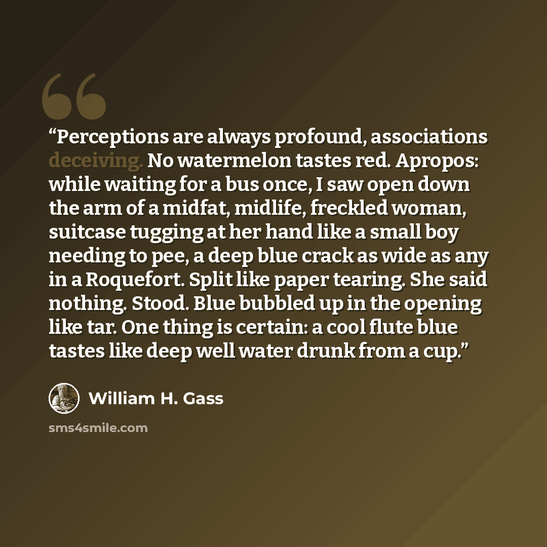 “Perceptions are always profound, associations deceiving. No watermelon tastes red. Apropos: while waiting for a bus once, I saw open down the arm of a midfat, midlife, freckled woman, suitcase tugging at her hand like a small boy needing to pee, a deep blue crack as wide as any in a Roquefort…” quote by William H. Gass