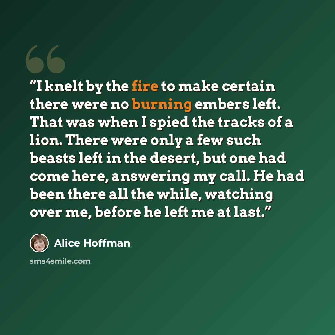 “I knelt by the fire to make certain there were no burning embers left. That was when I spied the tracks of a lion. There were only a few such beasts left in the desert, but one had come here, answering my call. He had been there all the while, watching over me, before he left me at last.” quote by Alice Hoffman