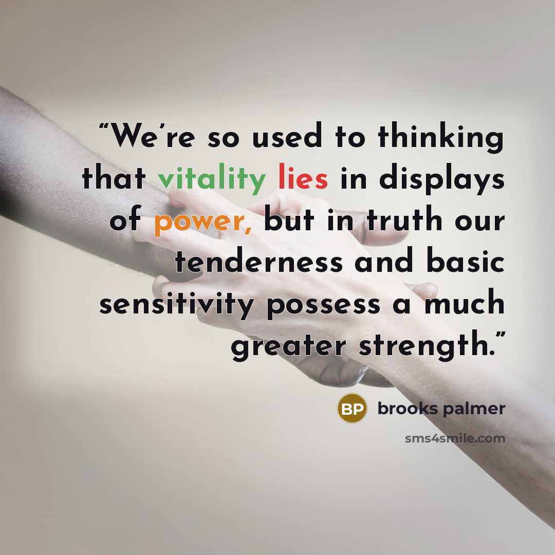 “We’re so used to thinking that vitality lies in displays of power, but in truth our tenderness and basic sensitivity possess a much greater strength.” quote by Brooks Palmer