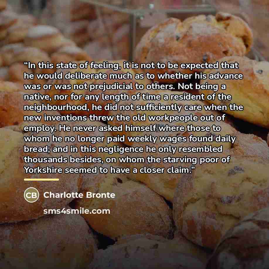 “In this state of feeling, it is not to be expected that he would deliberate much as to whether his advance was or was not prejudicial to others. Not being a native, nor for any length of time a resident of the neighbourhood, he did not sufficiently care when the new inventions threw the old…” quote by Charlotte Brontë