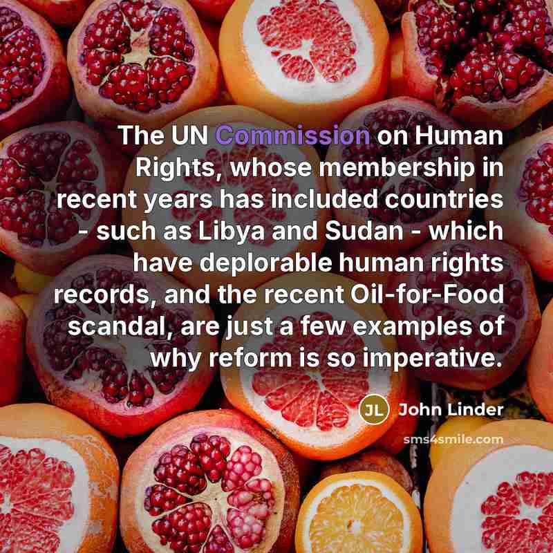 “The UN Commission on Human Rights, whose membership in recent years has included countries - such as Libya and Sudan - which have deplorable human rights records, and the recent Oil-for-Food scandal, are just a few examples of why reform is so imperative.” quote by John Linder
