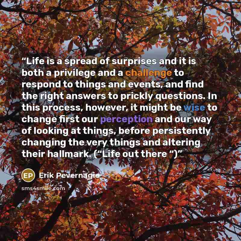 “Life is a spread of surprises and it is both a privilege and a challenge to respond to things and events, and find the right answers to prickly questions. In this process, however, it might be wise to change first our perception and our way of looking at things, before persistently changing the…” quote by Erik Pevernagie