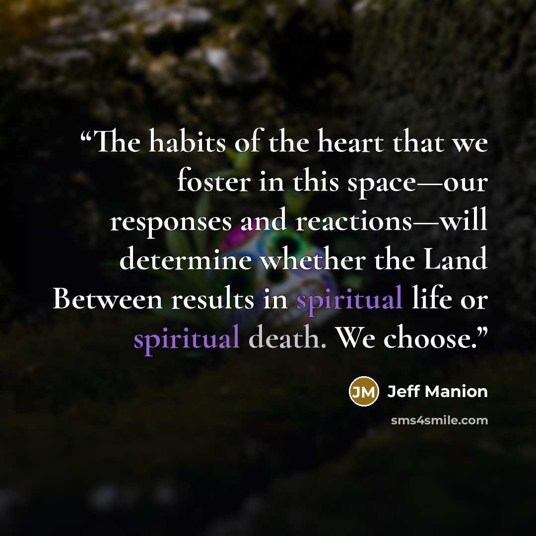 “The habits of the heart that we foster in this space—our responses and reactions—will determine whether the Land Between results in spiritual life or spiritual death. We choose.” quote by Jeff Manion
