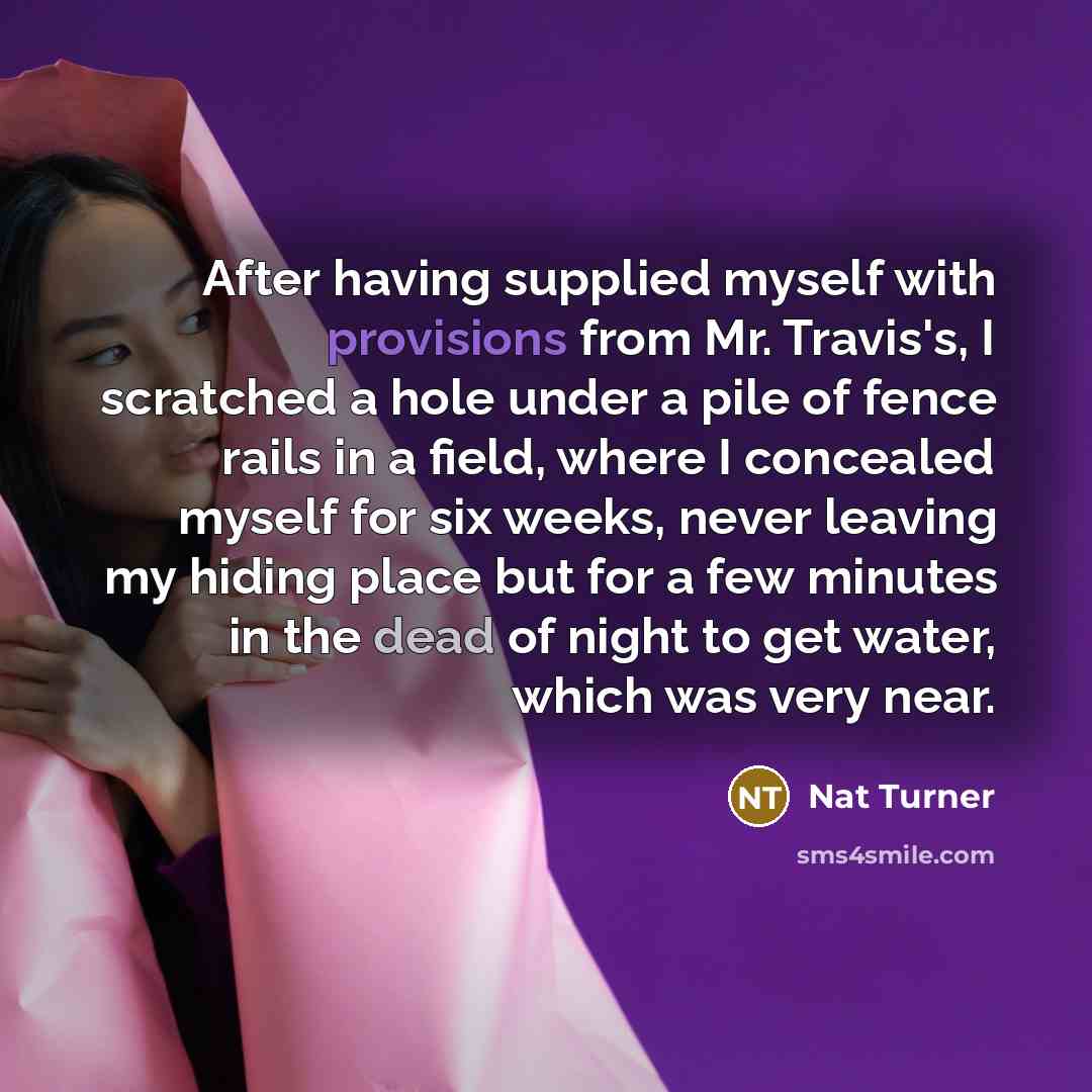 “After having supplied myself with provisions from Mr. Travis's, I scratched a hole under a pile of fence rails in a field, where I concealed myself for six weeks, never leaving my hiding place but for a few minutes in the dead of night to get water, which was very near.” quote by Nat Turner