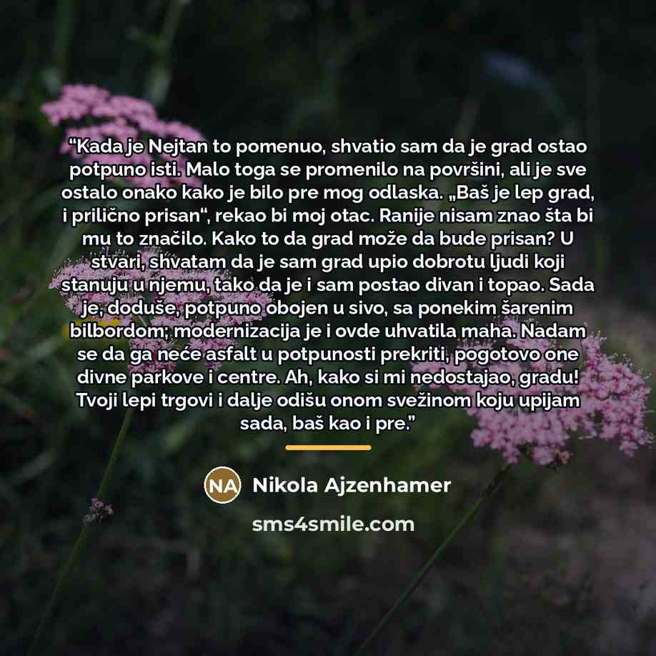“Kada je Nejtan to pomenuo, shvatio sam da je grad ostao potpuno isti. Malo toga se promenilo na površini, ali je sve ostalo onako kako je bilo pre mog odlaska. „Baš je lep grad, i prilično prisan“, rekao bi moj otac. Ranije nisam znao šta bi mu to značilo. Kako to da grad može da bude prisan? U…” quote by Nikola Ajzenhamer