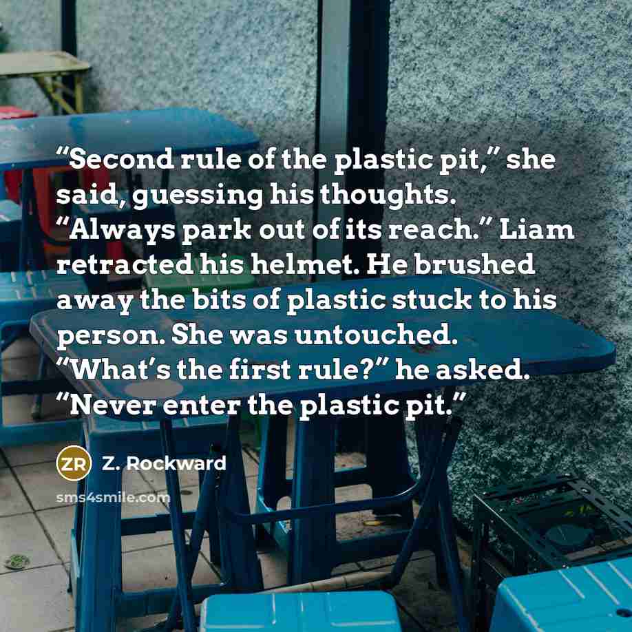 “Second rule of the plastic pit,” she said, guessing his thoughts. “Always park out of its reach.” Liam retracted his helmet. He brushed away the bits of plastic stuck to his person. She was untouched. “What’s the first rule?” he asked. “Never enter the plastic pit.” quote by Z. Rockward