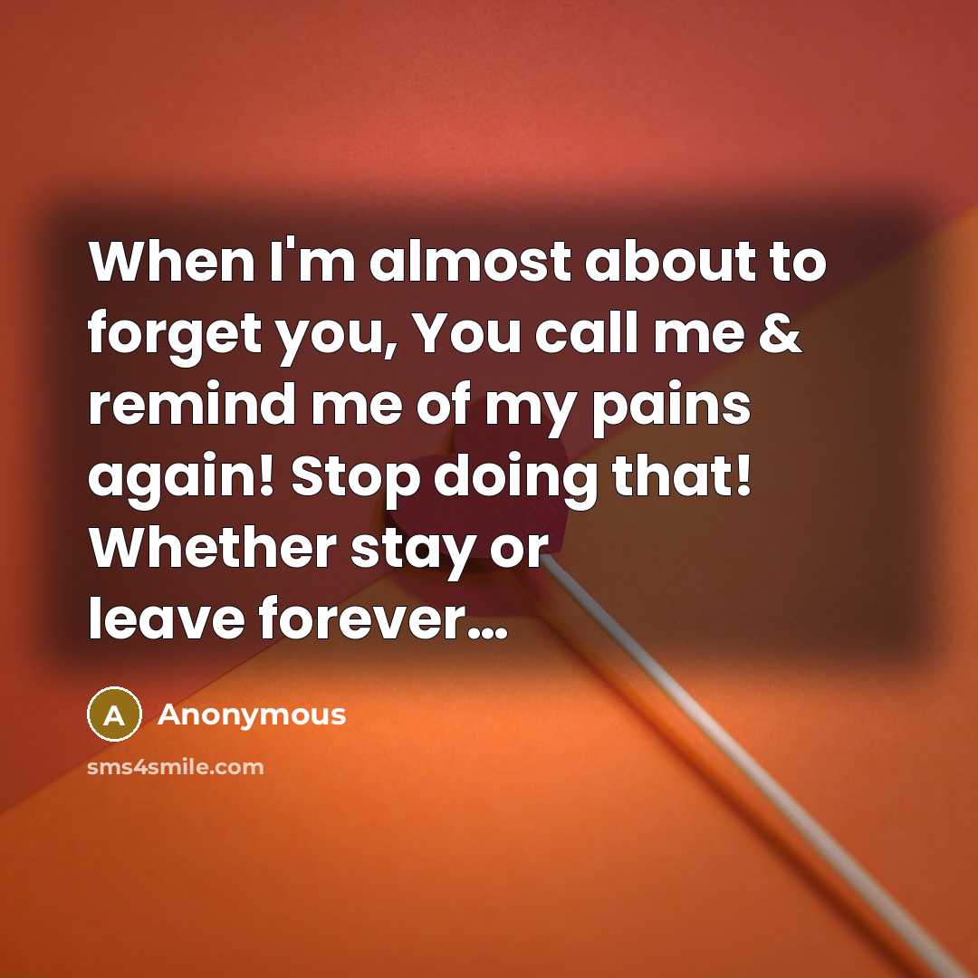 “When I'm almost about to forget you, You call me & remind me of my pains again! Stop doing that! Whether stay or leave forever…” quote by Anonymous