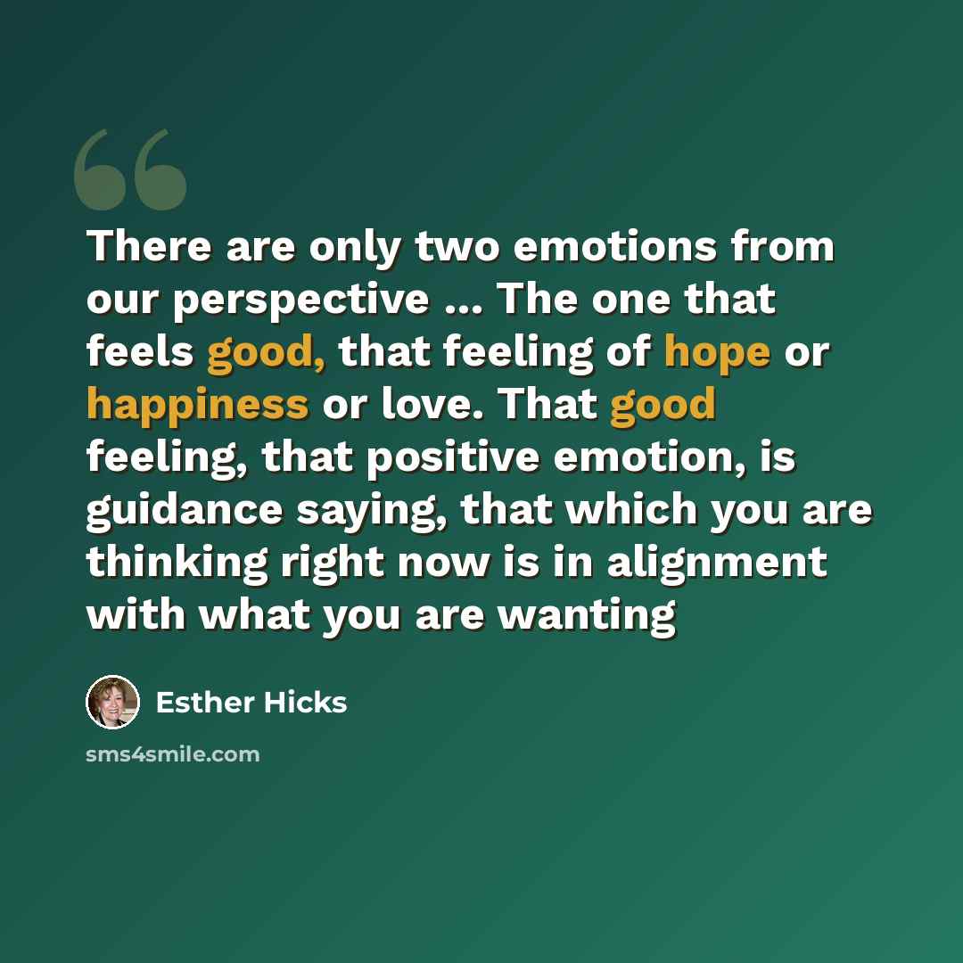 “There are only two emotions from our perspective … The one that feels good, that feeling of hope or happiness or love. That good feeling, that positive emotion, is guidance saying, that which you are thinking right now is in alignment with what you are wanting” quote by Esther Hicks