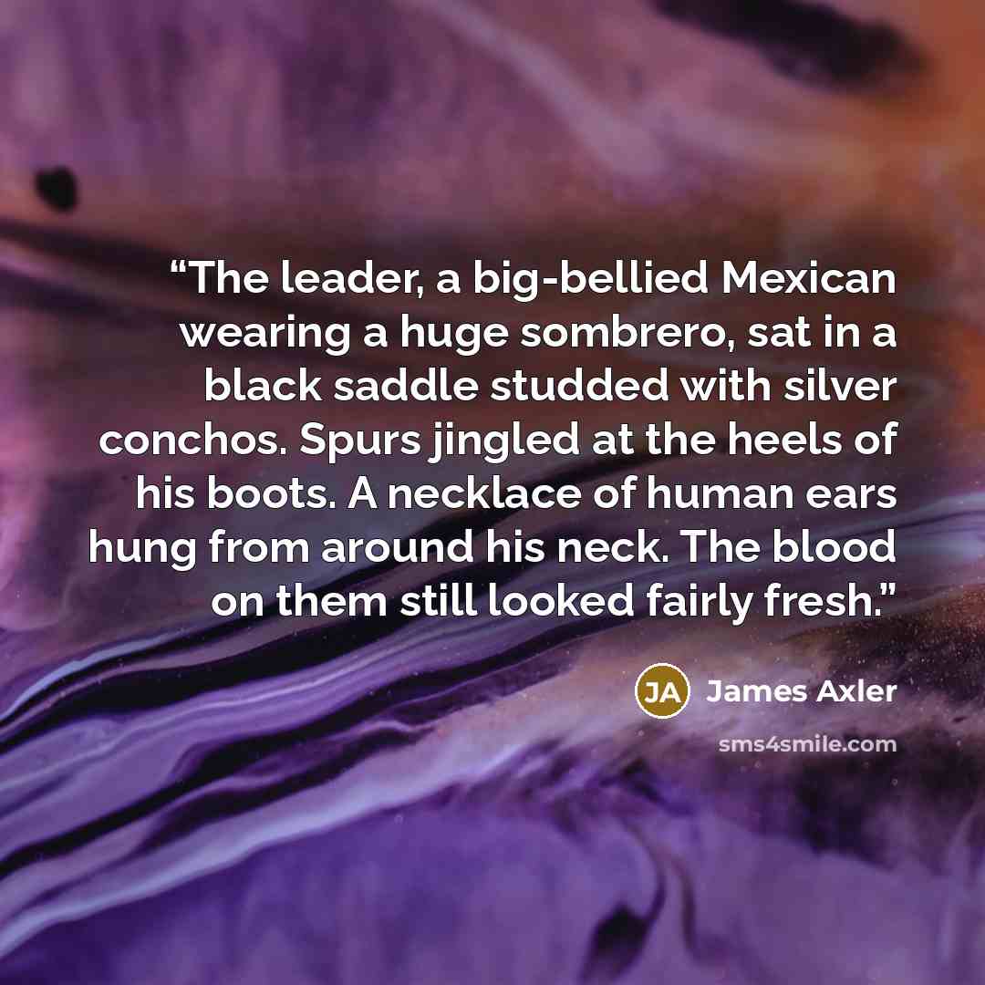 “The leader, a big-bellied Mexican wearing a huge sombrero, sat in a black saddle studded with silver conchos. Spurs jingled at the heels of his boots. A necklace of human ears hung from around his neck. The blood on them still looked fairly fresh.” quote by James Axler