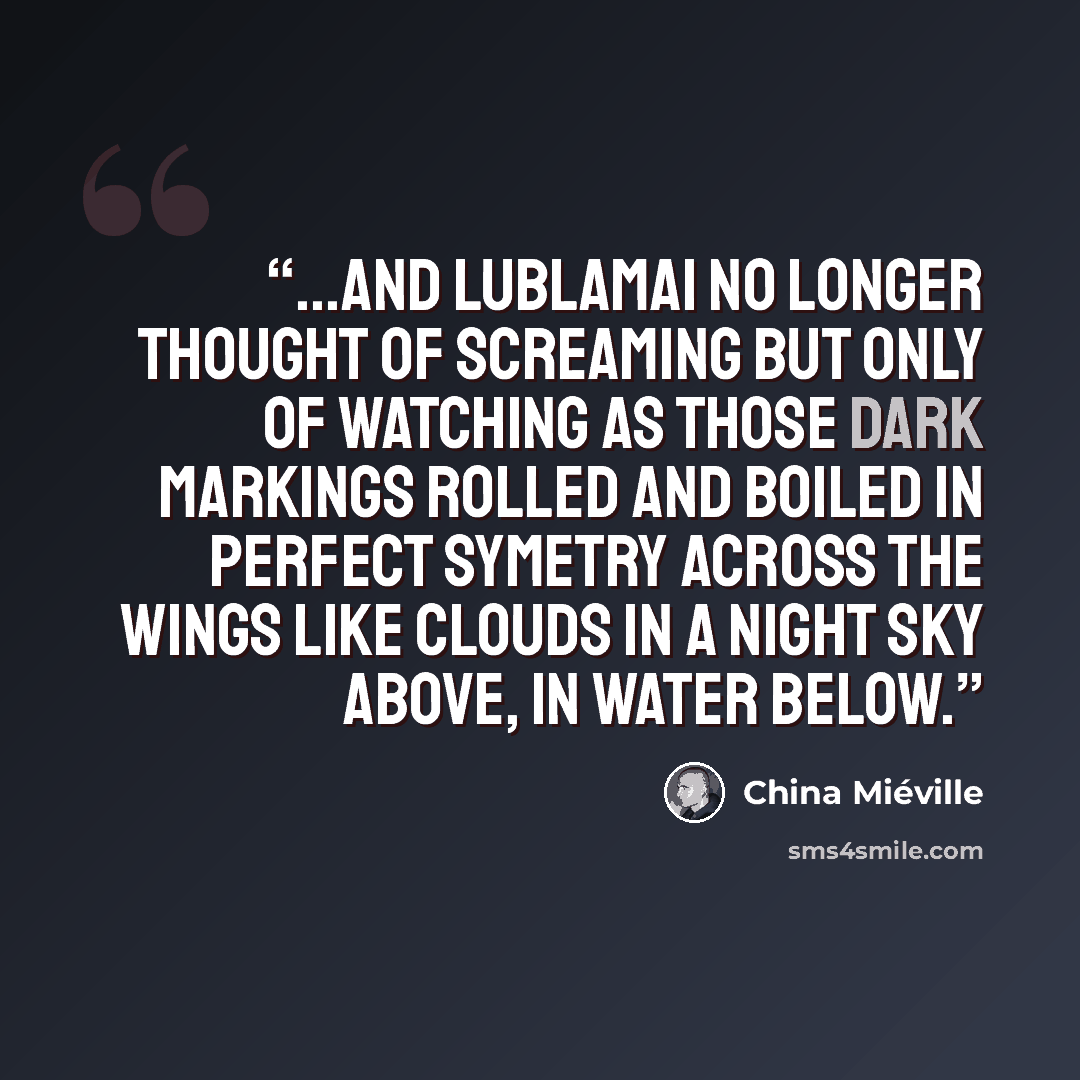 “...and Lublamai no longer thought of screaming but only of watching as those dark markings rolled and boiled in perfect symetry across the wings like clouds in a night sky above, in water below.” quote by China Miéville