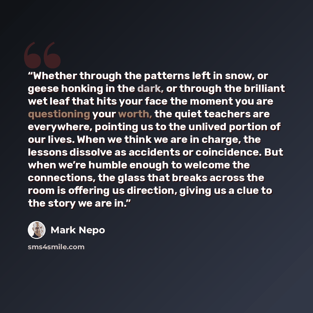 “Whether through the patterns left in snow, or geese honking in the dark, or through the brilliant wet leaf that hits your face the moment you are questioning your worth, the quiet teachers are everywhere, pointing us to the unlived portion of our lives. When we think we are in charge, the lessons…” quote by Mark Nepo