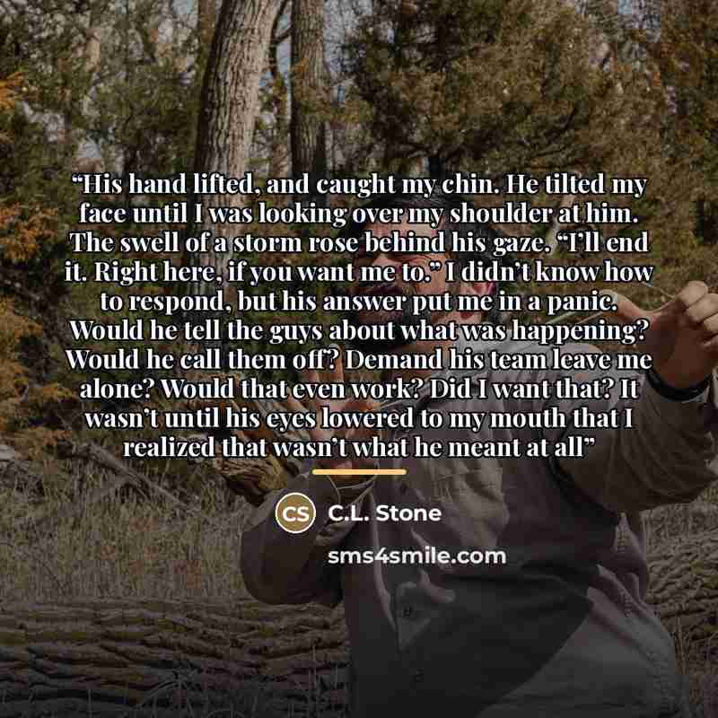 “His hand lifted, and caught my chin. He tilted my face until I was looking over my shoulder at him. The swell of a storm rose behind his gaze. “I’ll end it. Right here, if you want me to.” I didn’t know how to respond, but his answer put me in a panic. Would he tell the guys about what was…” quote by C.L. Stone