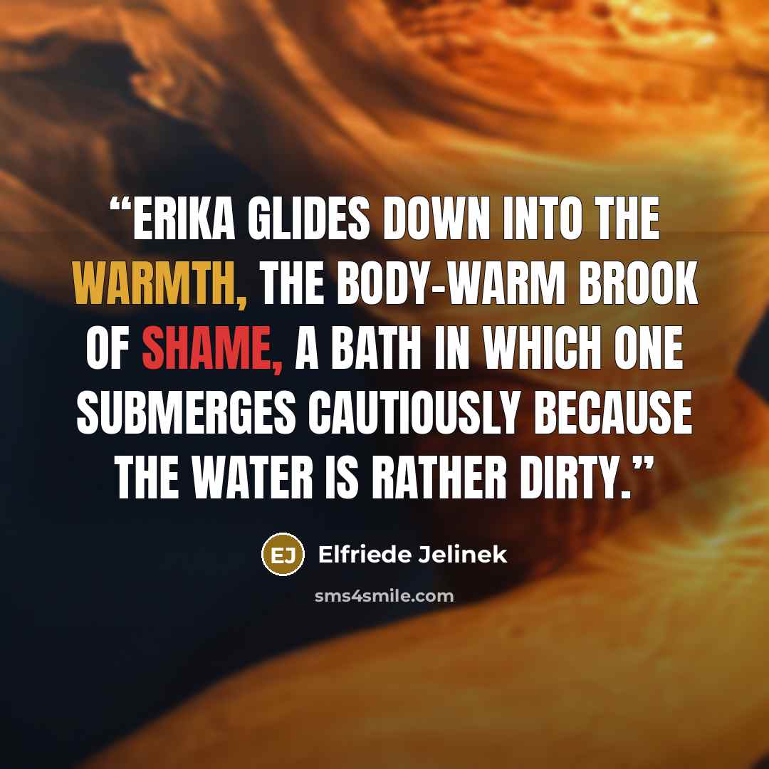 “Erika glides down into the warmth, the body-warm brook of shame, a bath in which one submerges cautiously because the water is rather dirty.” quote by Elfriede Jelinek
