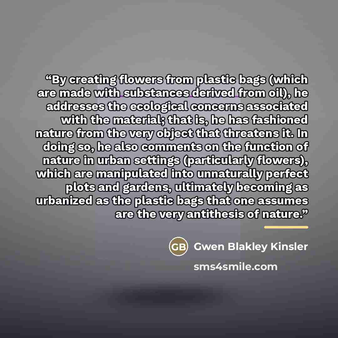 “By creating flowers from plastic bags (which are made with substances derived from oil), he addresses the ecological concerns associated with the material; that is, he has fashioned nature from the very object that threatens it. In doing so, he also comments on the function of nature in urban…” quote by Gwen Blakley Kinsler
