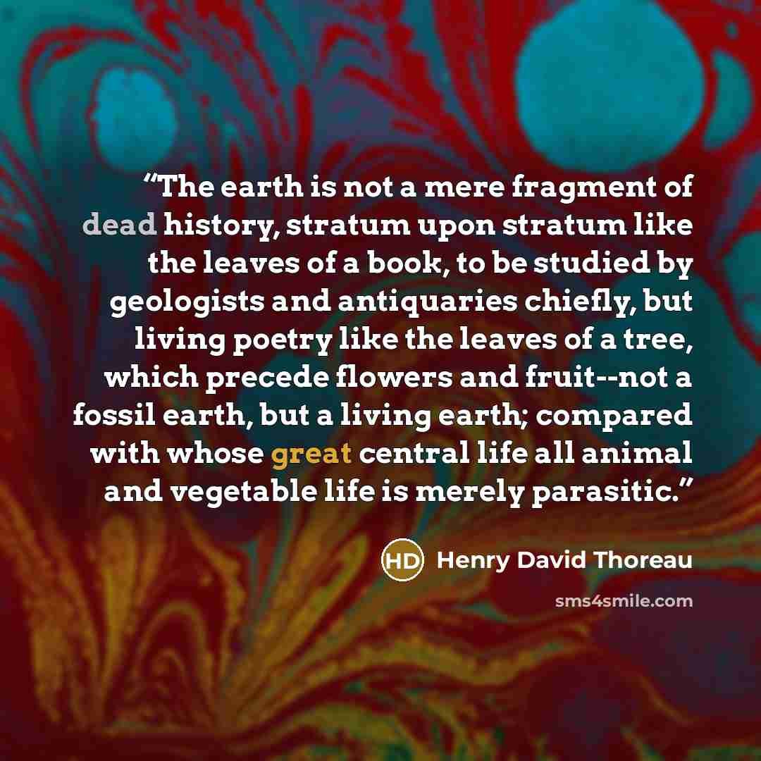 “The earth is not a mere fragment of dead history, stratum upon stratum like the leaves of a book, to be studied by geologists and antiquaries chiefly, but living poetry like the leaves of a tree, which precede flowers and fruit--not a fossil earth, but a living earth; compared with whose great…” quote by Henry David Thoreau
