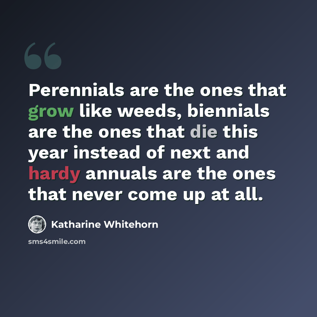 “Perennials are the ones that grow like weeds, biennials are the ones that die this year instead of next and hardy annuals are the ones that never come up at all.” quote by Katharine Whitehorn