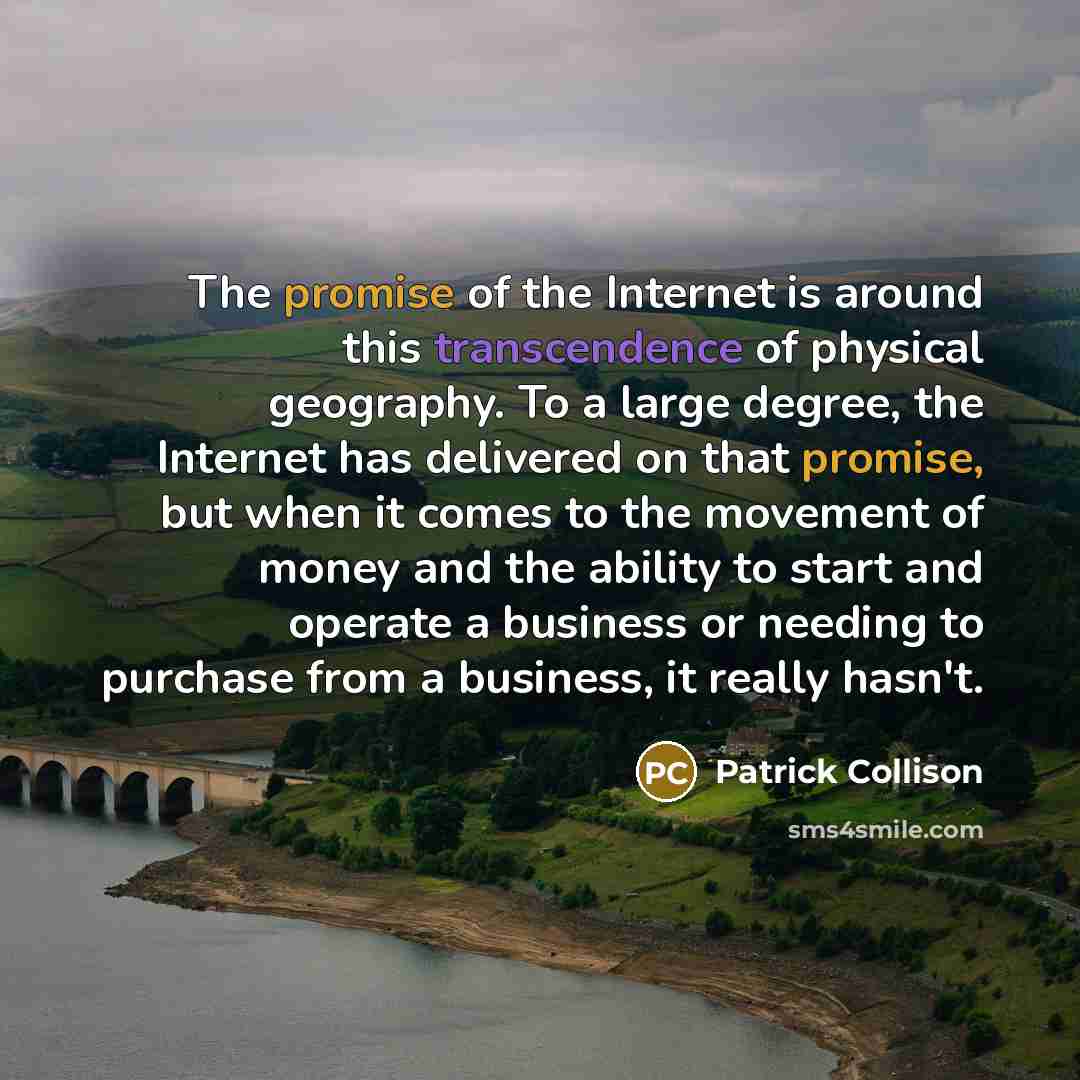 “The promise of the Internet is around this transcendence of physical geography. To a large degree, the Internet has delivered on that promise, but when it comes to the movement of money and the ability to start and operate a business or needing to purchase from a business, it really hasn't.” quote by Patrick Collison