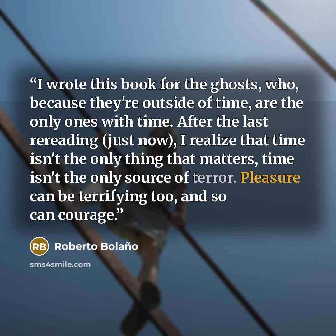 “I wrote this book for the ghosts, who, because they're outside of time, are the only ones with time. After the last rereading (just now), I realize that time isn't the only thing that matters, time isn't the only source of terror. Pleasure can be terrifying too, and so can courage.” quote by Roberto Bolaño