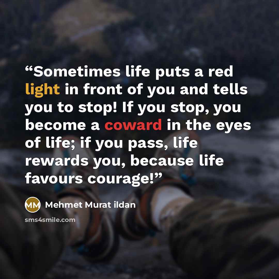 “Sometimes life puts a red light in front of you and tells you to stop! If you stop, you become a coward in the eyes of life; if you pass, life rewards you, because life favours courage!” quote by Mehmet Murat ildan