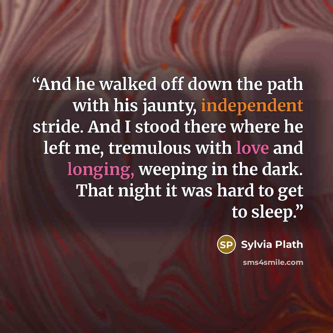 “And he walked off down the path with his jaunty, independent stride. And I stood there where he left me, tremulous with love and longing, weeping in the dark. That night it was hard to get to sleep.” quote by Sylvia Plath