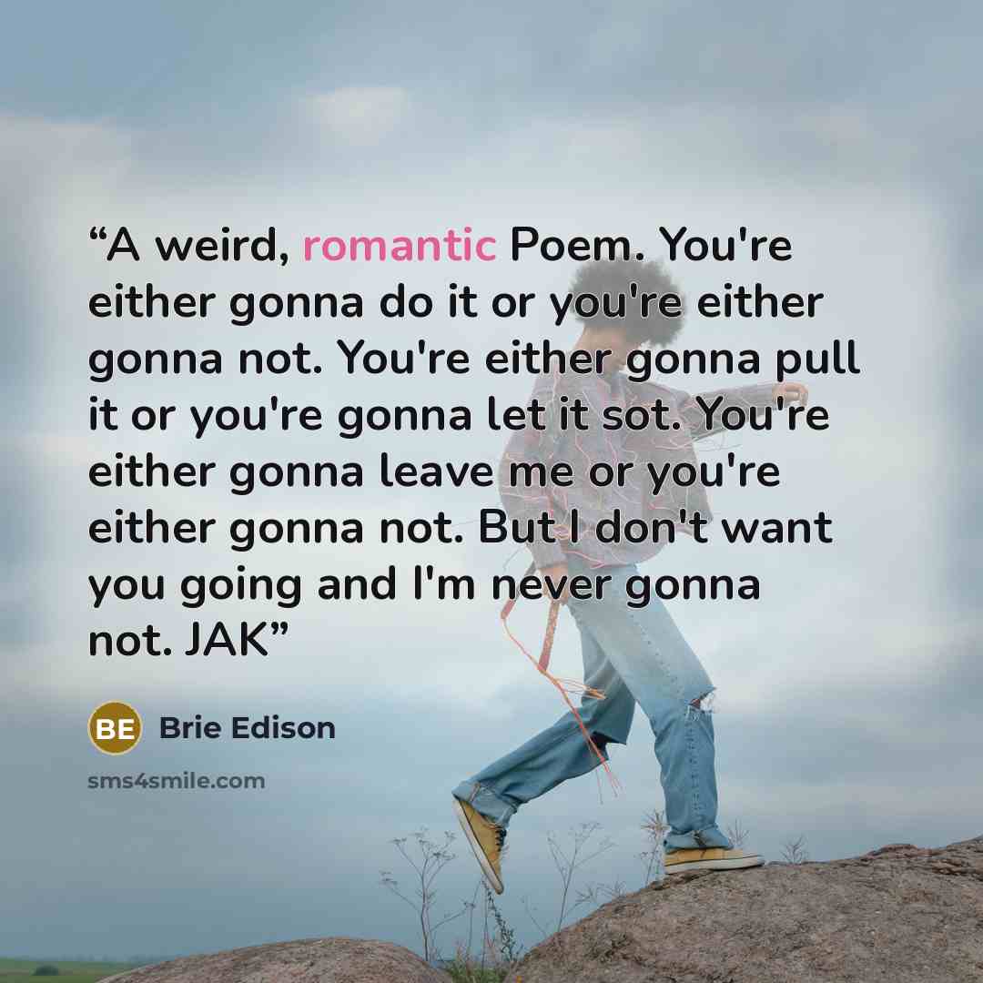 “A weird, romantic Poem. You're either gonna do it or you're either gonna not. You're either gonna pull it or you're gonna let it sot. You're either gonna leave me or you're either gonna not. But I don't want you going and I'm never gonna not. JAK” quote by Brie Edison