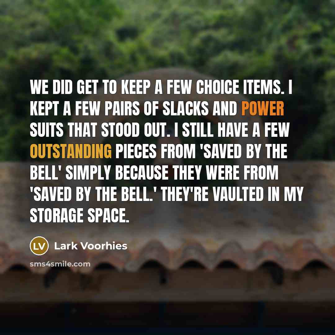 “We did get to keep a few choice items. I kept a few pairs of slacks and power suits that stood out. I still have a few outstanding pieces from 'Saved by the Bell' simply because they were from 'Saved by the Bell.' They're vaulted in my storage space.” quote by Lark Voorhies