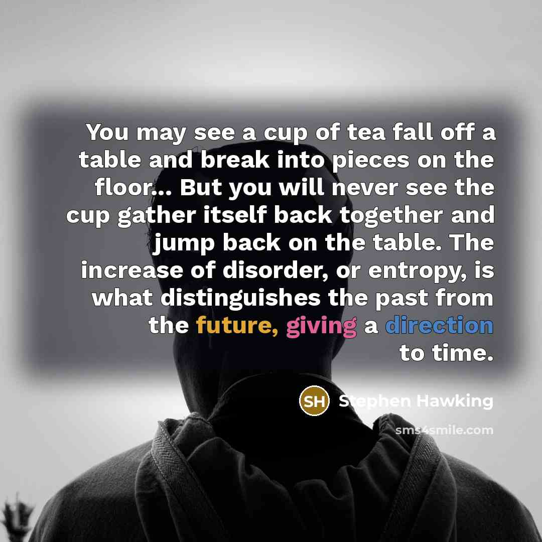 “You may see a cup of tea fall off a table and break into pieces on the floor... But you will never see the cup gather itself back together and jump back on the table. The increase of disorder, or entropy, is what distinguishes the past from the future, giving a direction to time.” quote by Stephen Hawking