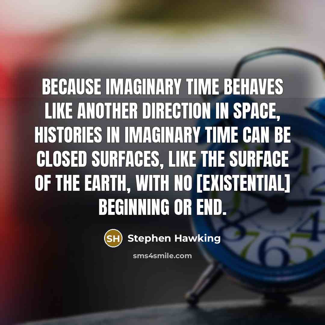 “Because imaginary time behaves like another direction in space, histories in imaginary time can be closed surfaces, like the surface of the Earth, with no [existential] beginning or end.” quote by Stephen Hawking
