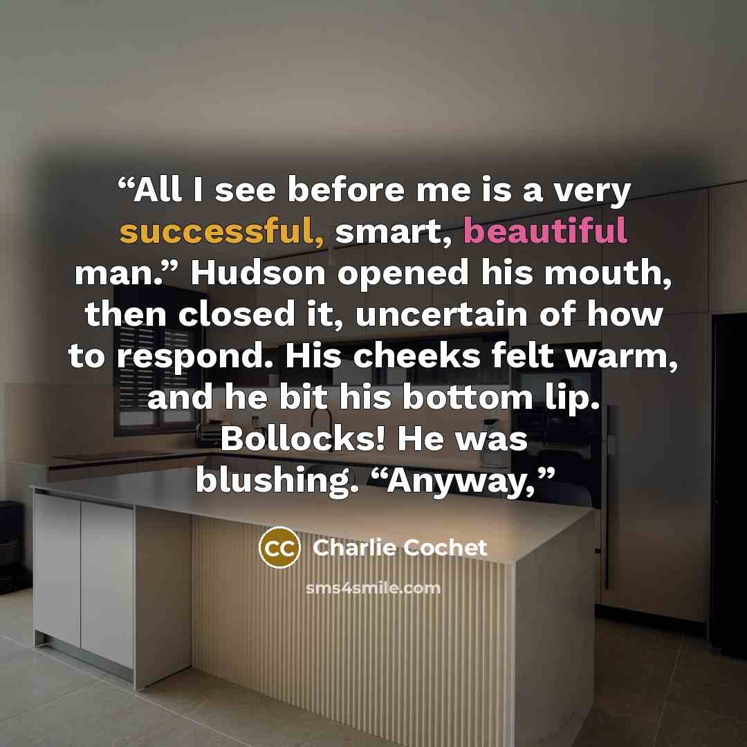 “All I see before me is a very successful, smart, beautiful man.” Hudson opened his mouth, then closed it, uncertain of how to respond. His cheeks felt warm, and he bit his bottom lip. Bollocks! He was blushing. “Anyway,” quote by Charlie Cochet