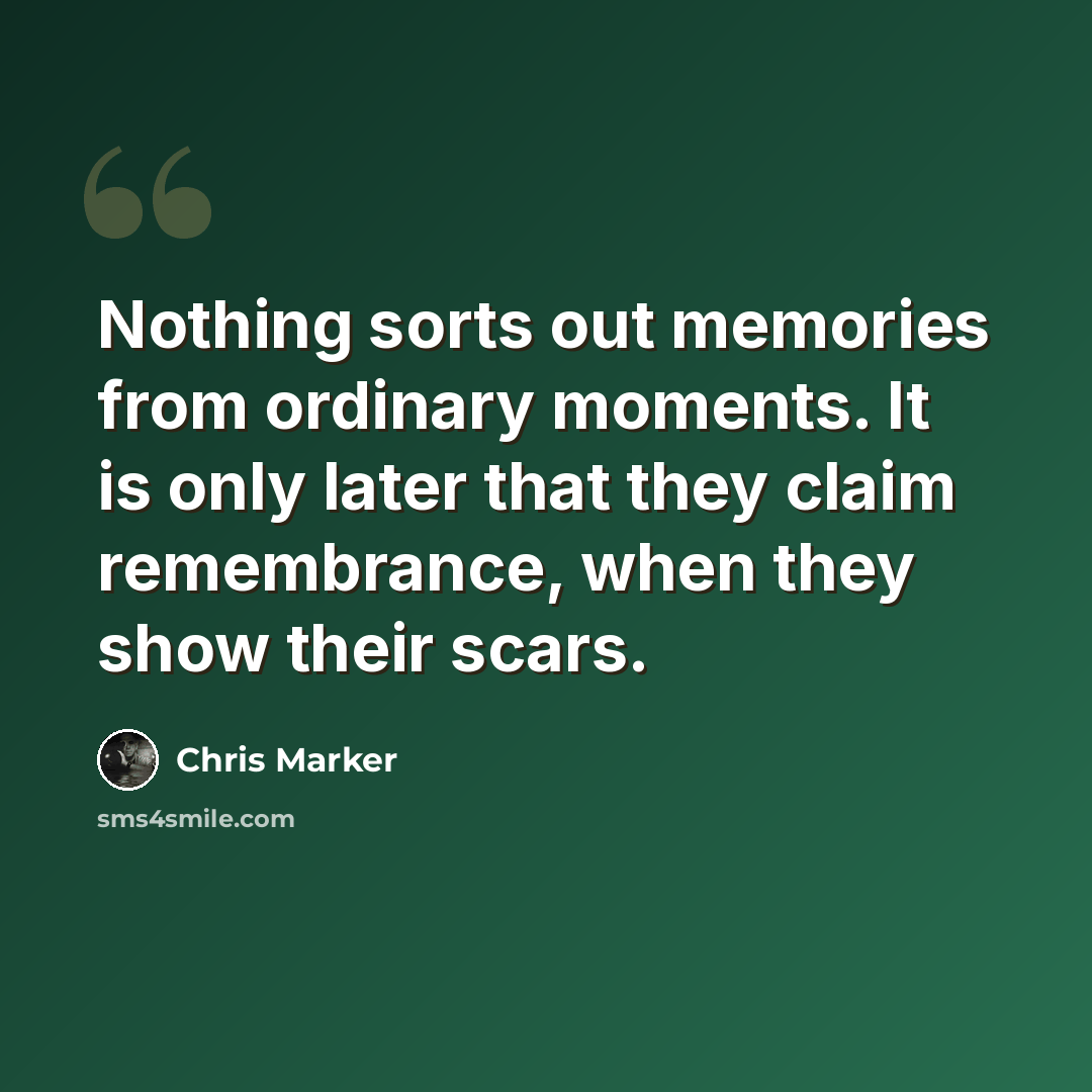 “Nothing sorts out memories from ordinary moments. It is only later that they claim remembrance, when they show their scars.” quote by Chris Marker
