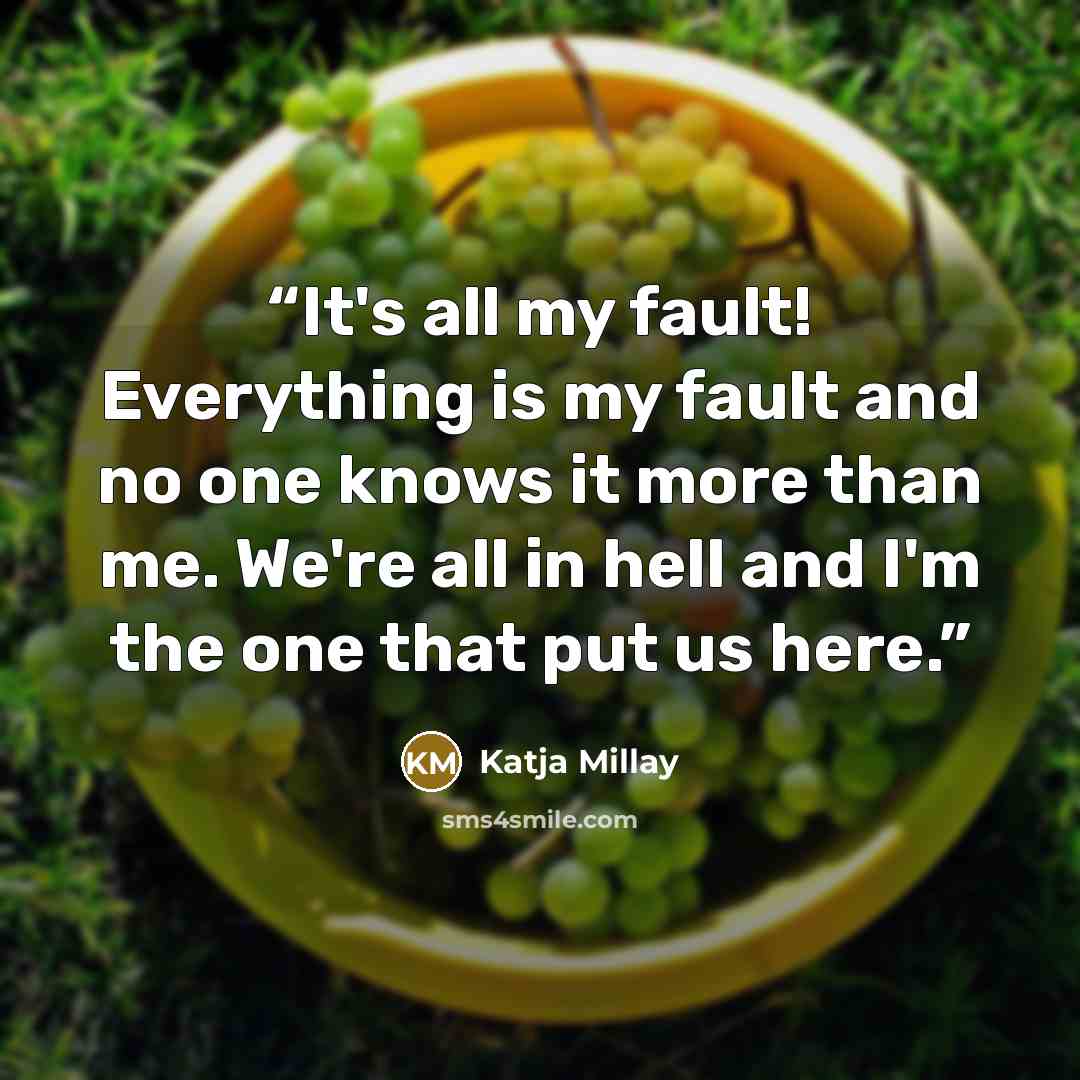 “It's all my fault! Everything is my fault and no one knows it more than me. We're all in hell and I'm the one that put us here.” quote by Katja Millay