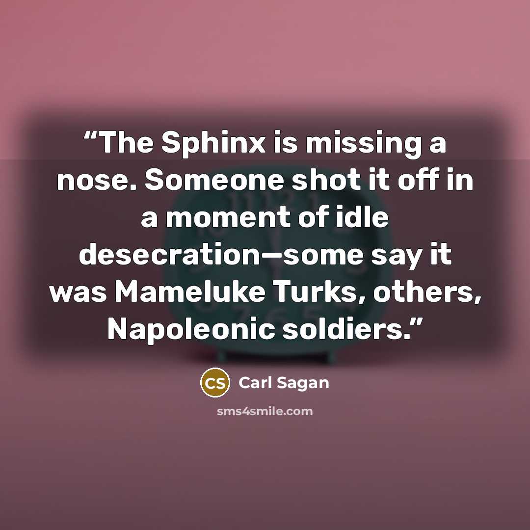 “The Sphinx is missing a nose. Someone shot it off in a moment of idle desecration—some say it was Mameluke Turks, others, Napoleonic soldiers.” quote by Carl Sagan