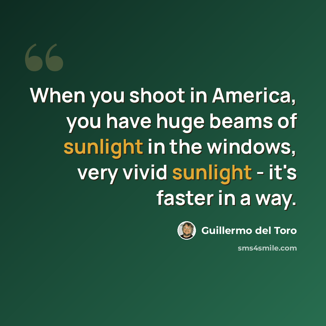 “When you shoot in America, you have huge beams of sunlight in the windows, very vivid sunlight - it's faster in a way.” quote by Guillermo del Toro