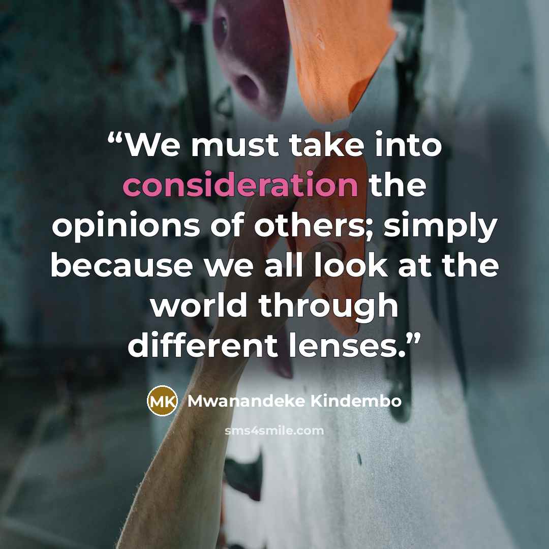 “We must take into consideration the opinions of others; simply because we all look at the world through different lenses.” quote by Mwanandeke Kindembo