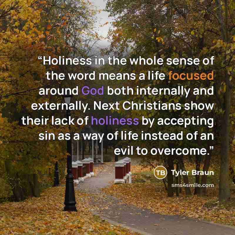 “Holiness in the whole sense of the word means a life focused around God both internally and externally. Next Christians show their lack of holiness by accepting sin as a way of life instead of an evil to overcome.” quote by Tyler Braun