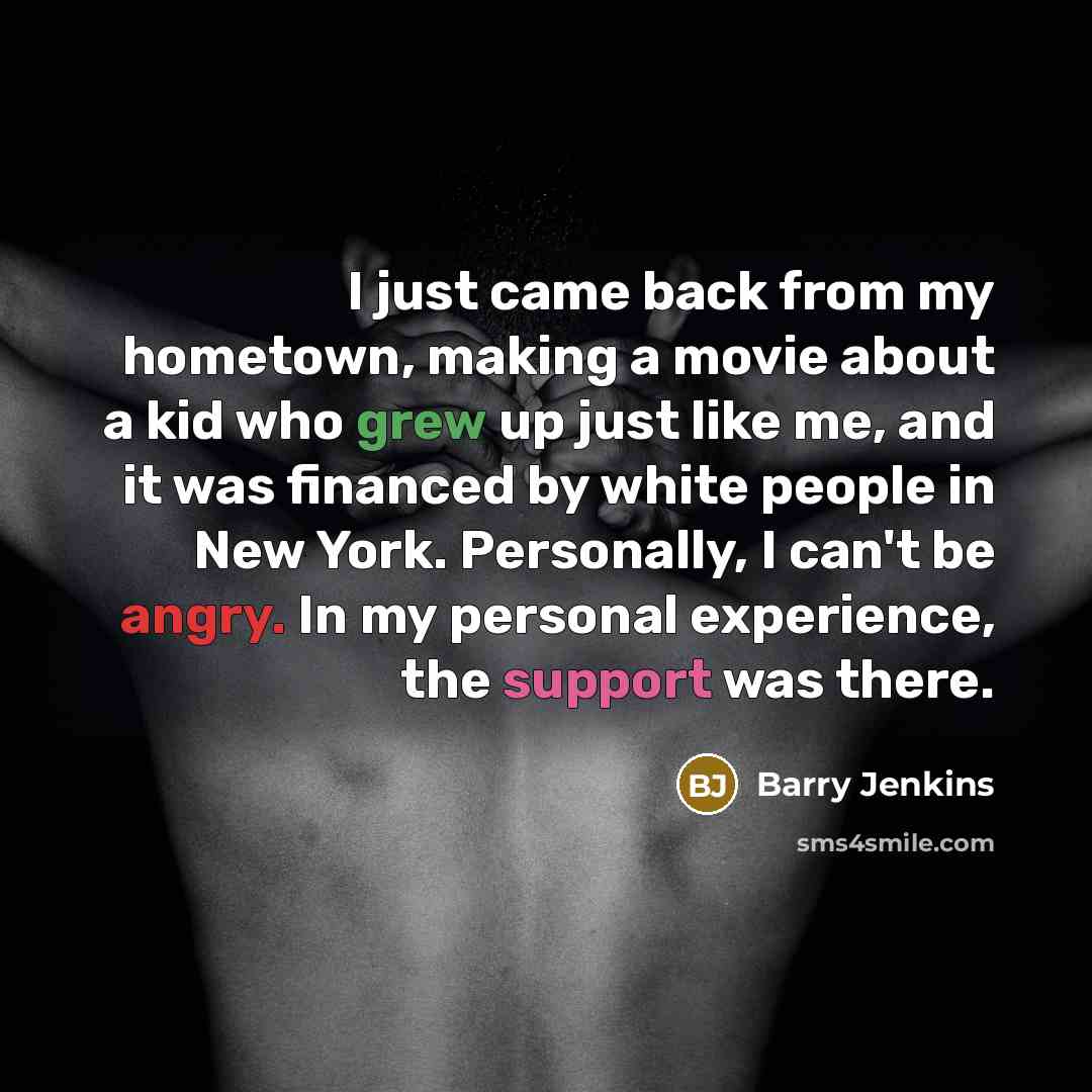 “I just came back from my hometown, making a movie about a kid who grew up just like me, and it was financed by white people in New York. Personally, I can't be angry. In my personal experience, the support was there.” quote by Barry Jenkins