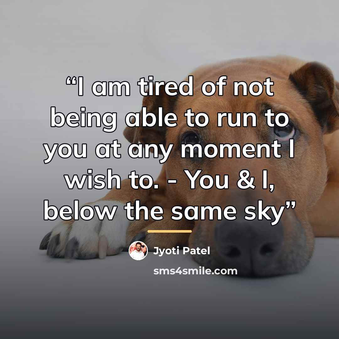 “I am tired of not being able to run to you at any moment I wish to. - You & I, below the same sky” quote by Jyoti Patel